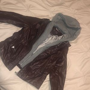 Leather jacket with removable hoodie .